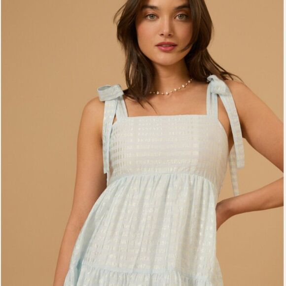 ELAINE Maxi Dress- Tie Straps with Tiered Blue Checkered Shimmer Design - Picture 2 of 5